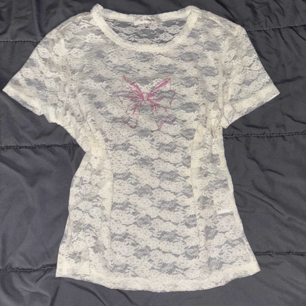 Small “No Comment” Mesh White Top With Pink Bow